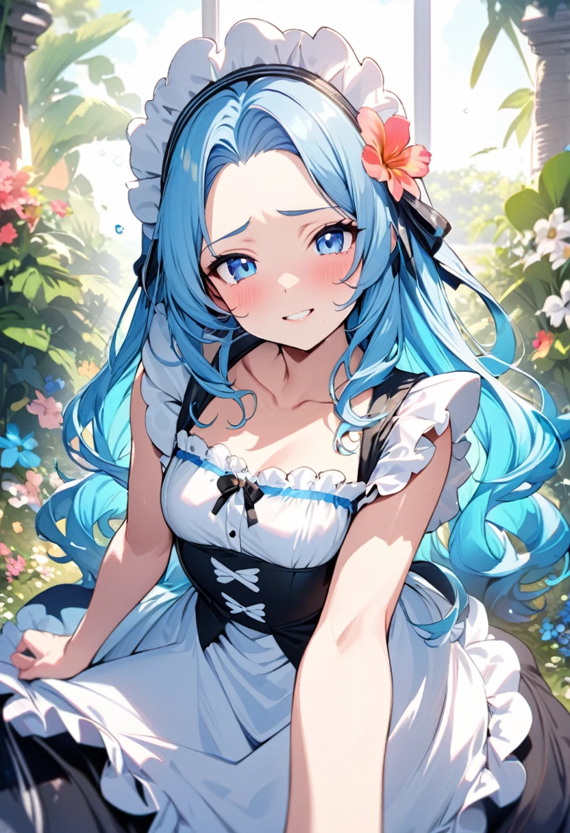 (beautiful style), (pov, solo:2, 15 yo), (beautiful detailed forehead) (beautiful detailed blue hair, long hair) (best cute girl, best cute blue eyes, glossy lip, best grow smile:1.1, small tits), in a immensely beautiful summer maid dress, break, in the beautiful enchanted garden, background beautiful summer sky, BREAK, perfect anatomy, masterpiece, best quality, beautiful detailed pastel color, daydreaming expression.
