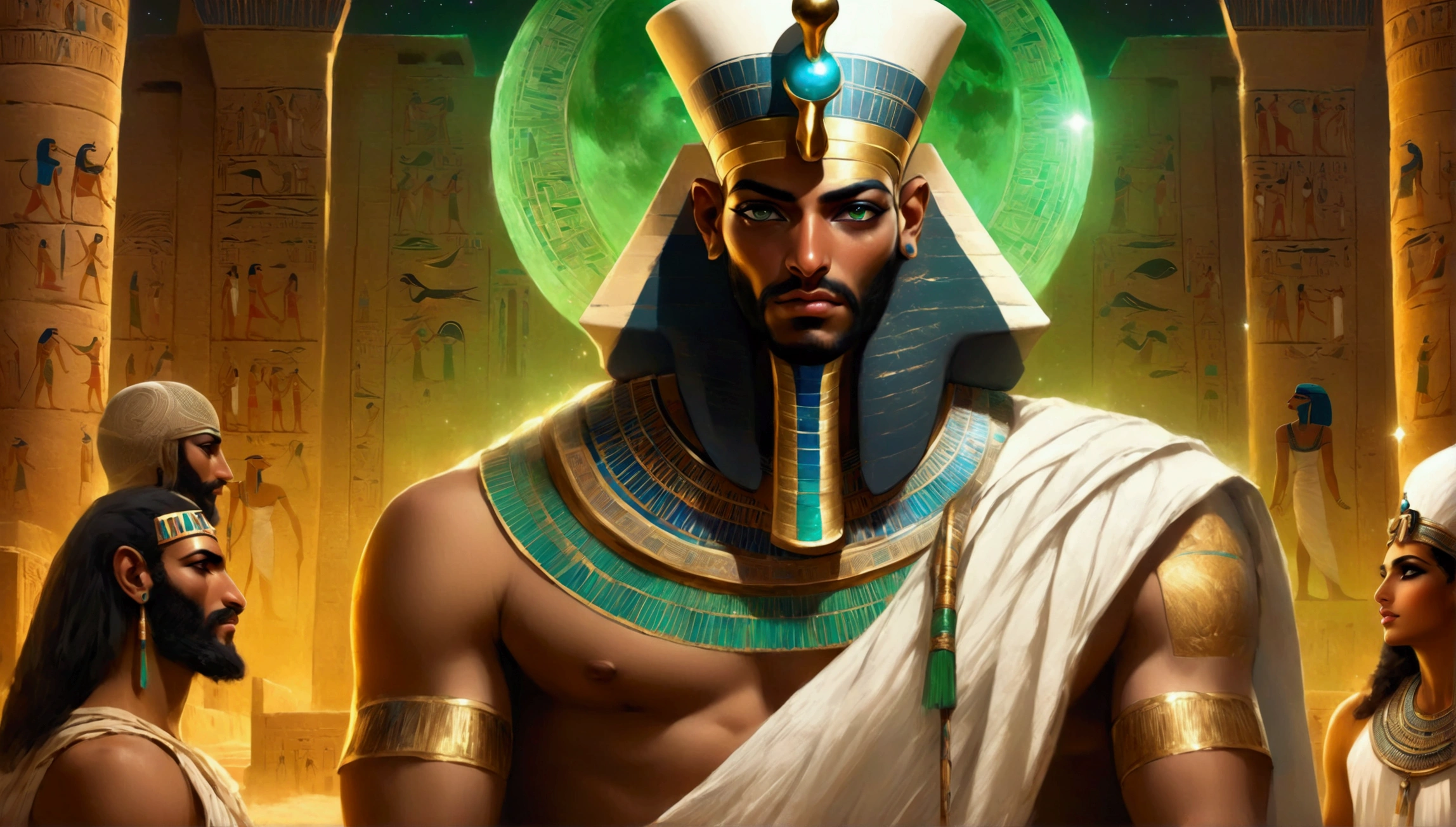 masterpiece, the best, night, full moon, 1 adult man, Egyptian architecture, cold face, Egyptian god, white clothes, closed arms, whip in hand, Egyptian crown, black beard, greenish skin, facial details,