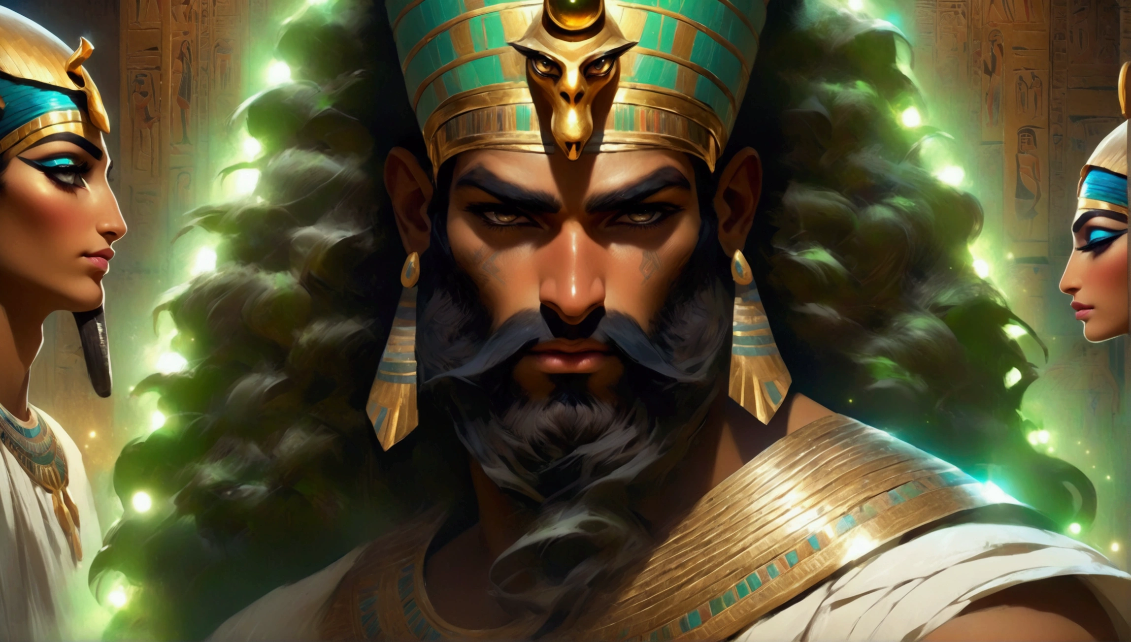 masterpiece, the best, night, full moon, 1 adult man, Egyptian architecture, cold face, Egyptian god, white clothes, closed arms, whip in hand, Egyptian crown, black beard, greenish skin, facial details,