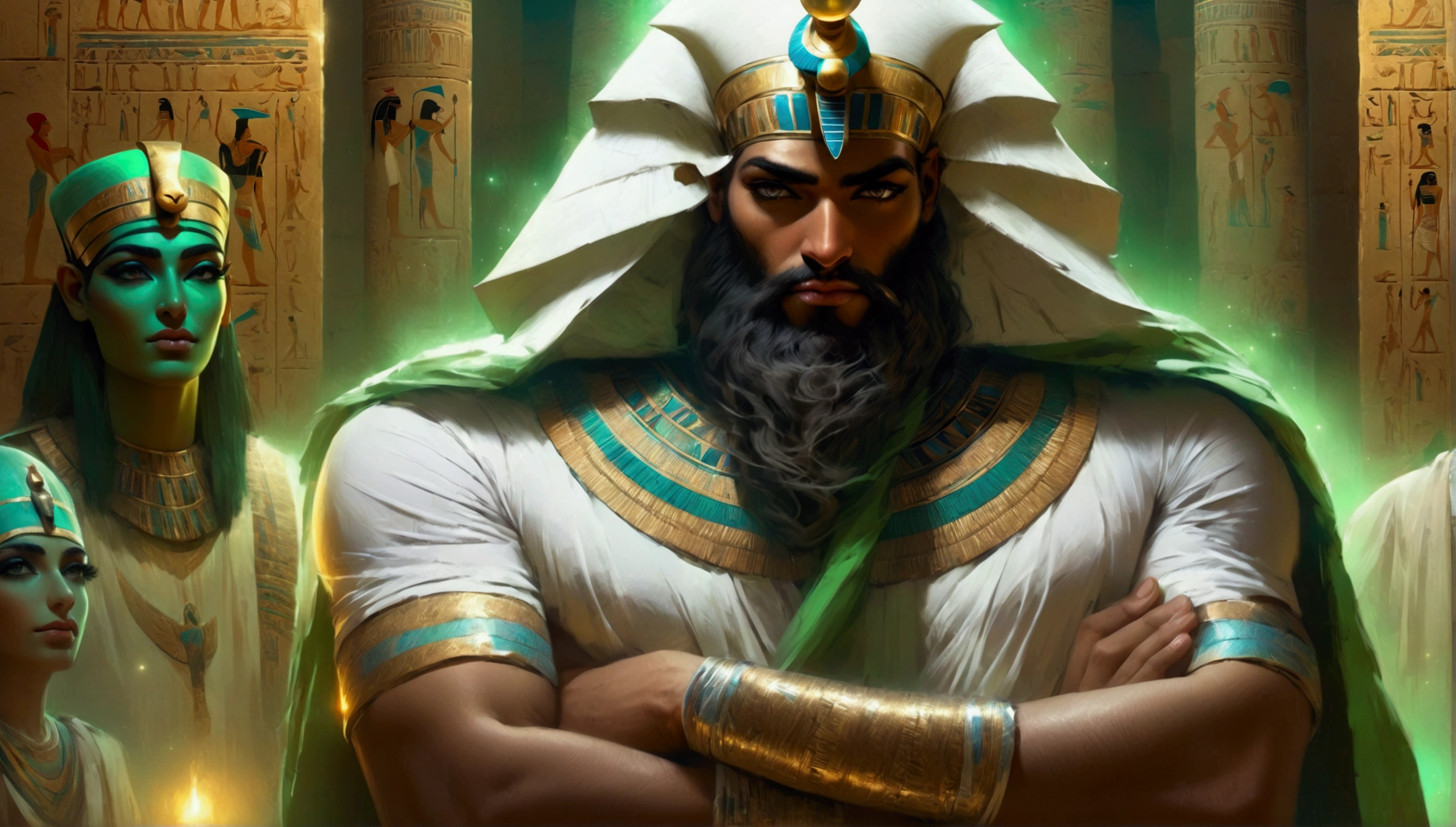 masterpiece, the best, night, full moon, 1 adult man, Egyptian architecture, cold face, Egyptian god, white clothes, closed arms, whip in hand, Egyptian crown, black beard, greenish skin, facial details,
