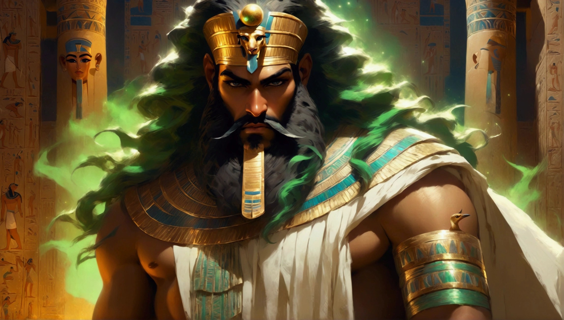 masterpiece, the best, night, full moon, 1 adult man, Egyptian architecture, cold face, Egyptian god, white clothes, closed arms, whip in hand, Egyptian crown, black beard, greenish skin, facial details,
