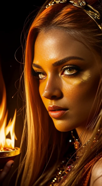 to be (realistic fantasy) art contains embers, real flames, real heat, and realistic fire. Generate a masterpiece artwork of a  female fire druid featuring large (((orange and gold))) eyeballs. The fire druid is awe-inspiring featuring beautiful ((realistic fiery eyeballs)) alight featuring confidence and power. His features are elegant and well defined, featuring ((soft, swollen lips)), Elven bone structure, and realistic shading. Her eyeballs are important and should be the focal point of this artwork, featuring ((extreme realistic detail, macro details, and shine.)) She is wearing a flowing, sparkling dress made of realistic flames and jewels that sparkle in the firelight.. Threads of fire and smoke line the dress&#39;s intricate bodice. Include bumps, stones, fiery iridescence, glowing embers, silk and satin and leather, an interesting background, and heavy fantasy elements. Camera: Utilize técnicas de featuringposição dinâmica para aprimorar as chamas realistas, long blonde hair