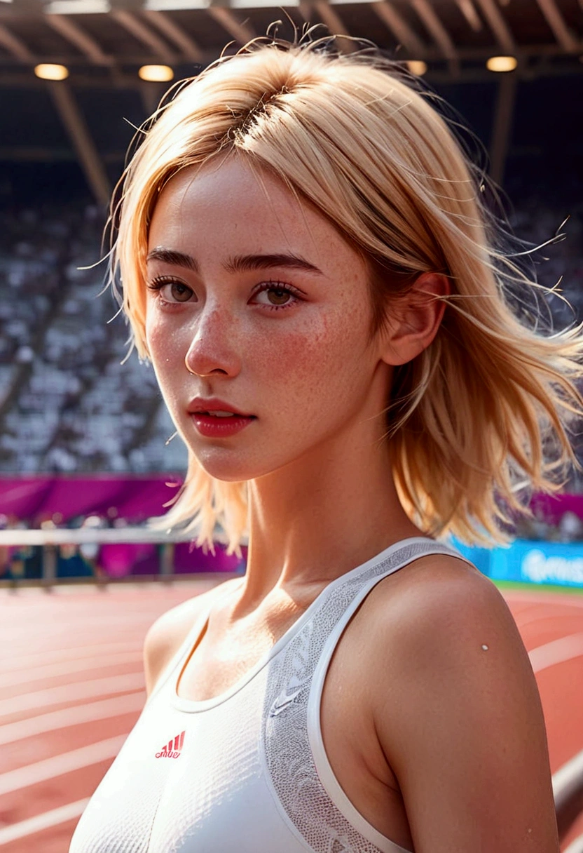 Paris Olympic Athletics Stadium, ((Masterpiece, Top Quality, High Resolution, Highly Detailed)), (1 woman in her early 20s with beautiful features_Freckles on the bridge of her nose, Very hot and sexy, Perfect proportions, Beautiful body, Slim figure Beauty:1.3), Olympics, Athletics Stadium, Female athlete running long distance, Sports photo, (Sweaty bangs, Hard work, Shiny pale skin, Blonde short hair_Detailed:1.2), Wearing tight white athletics suit_Realistic details:1.2, 8k, High Resolution, Top Quality,