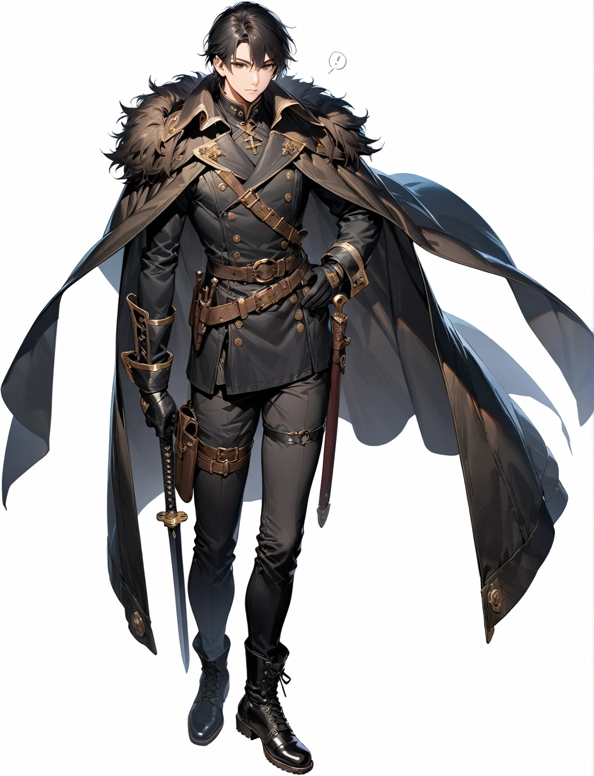 (masterpiece),(best quality),(ultra-detailed),(best illustration),(best shadow),(absurdres),(detailed background),(very aesthetic), 1Male, solo, male-focus, boots, black-hair, fur-trim, looking-at-viewer, standing, sheath, gloves, full-body, pants, jacket-on-shoulders, sheathed, black-footwear, belt, black-pants, black-gloves, jacket, cape, closed-mouth, knife, coat-on-shoulders, coat, stairs, cup, thigh-boots, black-cape, dagger, leather, black-eyes, holster, long-sleeves, indoors, short-hair, thigh-strap, cross-laced-footwear, scabbard,