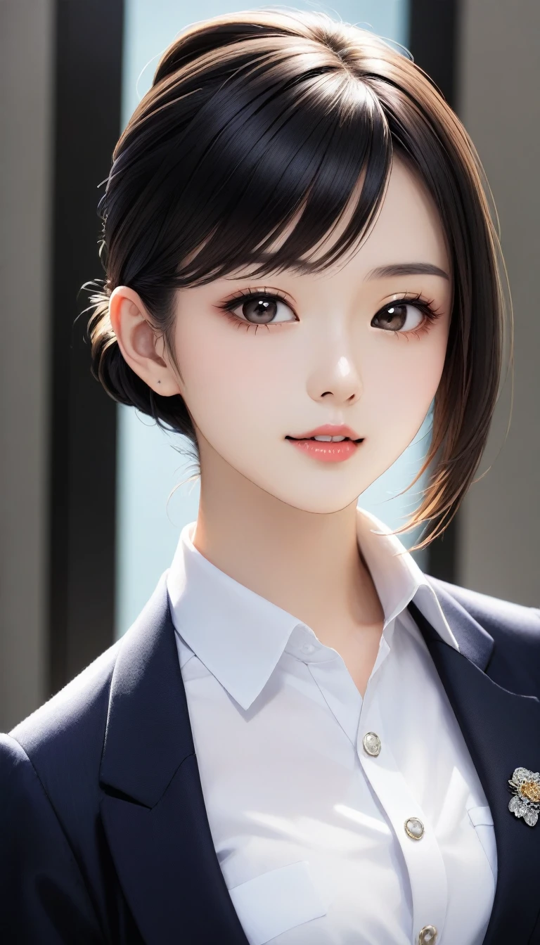 8k, Ultra-high resolution, Highest quality, masterpiece, 三分割法によるphotograph,Surreal, photograph, 1 girl, (:1.3), pretty girl, Cute Face, Beautiful eyes in every detail, 細かくdetailedに,masterpiece,One Girl:1.2, Japan Female Announcer,Tabletop,Glare,Black Hair,Slicked back hair,Blazer Uniform,White collared blouse,The chest buttons are open,Sharp focus、Perfect dynamic composition、Beautiful and detailed、Thin Hair、Realistic skin texture with attention to detail、smile、Close-up portrait、Model body type,Looking at the audience、beauty,Long neck、(((Ideal body type))),A-cup small breasts :2,、Portraiture:2、Perfect Anatomy、なdetailed、detailed、Surreal、Light and shadow,Strong light