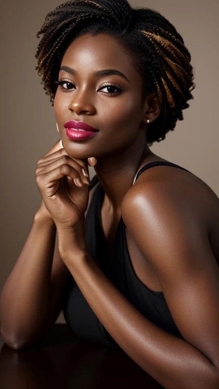 ,,,,,A beautiful beautiful black woman, beautiful silhouette, cute + gentle lips+Businessman Tresse) are in a company . very realistic Ivorian communications manager,,,,,,,,,,,, sorriso perfeito cute dentes brancos,,,,,,,,, ultra realisitic, concept drawing, chic, highy detailed, complicated, keen focus, Depth of field, F/1. 8, 85mm, medium shot, medium shot, (((professional color grading))), Spilled, soft, diffuse light, (volumetric Fog), Trends on Instagram, HD 4k, 8k
,, ,,,,,, ultra-realistic female lips, perfectly hydrated and smooth, wearing vibrant red lipstick. The texture of the lips is detailed, showing every curve and contour, with soft lighting that enhances the color and shine of the lipstick. The image is Full HD, capturing the essence of sensual, manicured lips, with a neutral background that further enhances the intensity of the color."