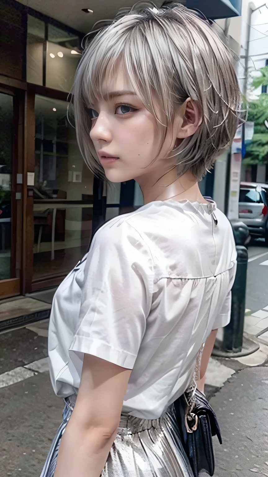 (Realistic、Like a photograph、Live Action、8k, Realistic, RAW Photos, Best image quality: 1.4), Single-lens reflex camera、RAW Photos, Highest quality, Realistic, Highly detailed CG Unity 8k wallpaper, Written boundary depth, Cinematic Light, Lens flare, Ray Tracing, Realistic background、A landmine girl waiting for someone、((Wearing a white blouse:1.4)、((Wear a frilly skirt:1.1、p-line)、Small breasts)、Cute ass)、((ultra high density skin))、 1 female,cute Japanese、Standing in front of the station, waiting for someone while looking at his smartphone、The whole body is visible:1.5、Wearing sneakers:1.1、((Silver Hair:1.5)、short hair:1.2、My hair flutters in the wind)、stylish ambiance、Very detailed and perfect costume、(White skin)、Precise and beautiful legs:1.1、View from behind、Super detailed face