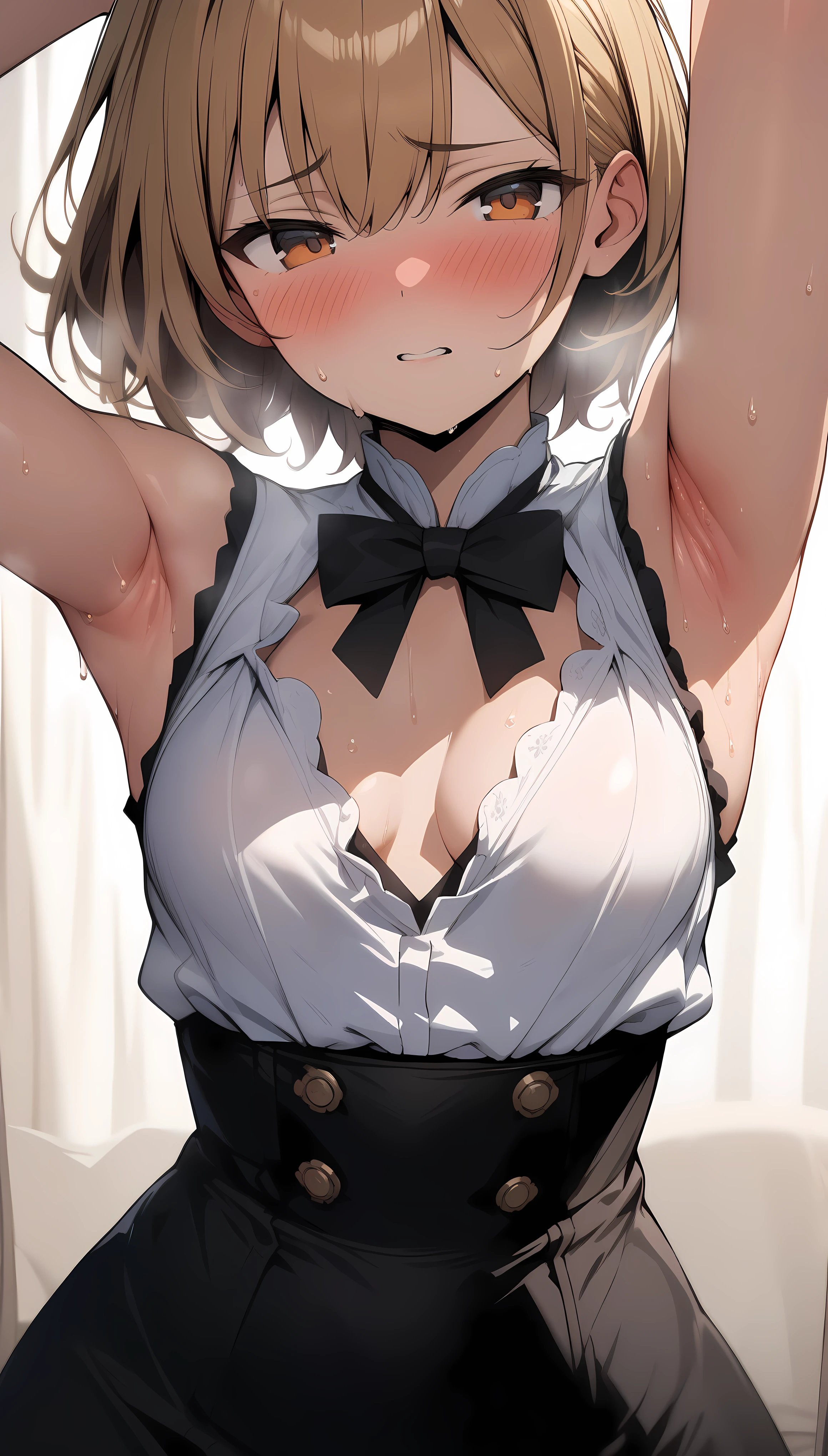 (masterpiece:1.2), hyper detail, best quality, (intricate_details:1.1), beautiful detailed, beautiful hair,short cut hair, solo, 1girl,Serval,(sweating:1.4),(steam),heavy breathing,steam,blush,from front,shoulder,cleavage,dark,backlighting,breasts focus,small breasts,breasts focus, shoulder focus,pov,upper body,lying on bed,armpit,BREAK legwear, black bowtie,white sleeveless shirt, high-waist skirt,blush,armpit focus