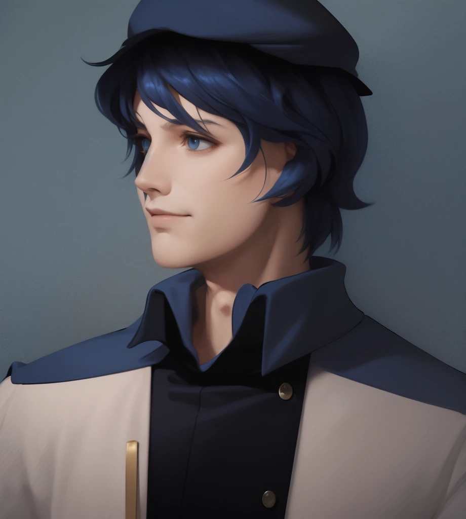 illustration of a man, blue clothes, an illustration inspired by Kanō Hōgai, tumblr, romanticism, yang wen-li, portrait, dark-blue hair, the sandman from graphic novel, deep focus, wearing navy-blue beret, dark blue jacket, fastened with buttons down the front, with a high collar and structured fit. The jacket features shoulder insignias and two breast pockets with button flaps. Underneath the jacket, he wears a light-colored scarf that adds elegance, golden buttons