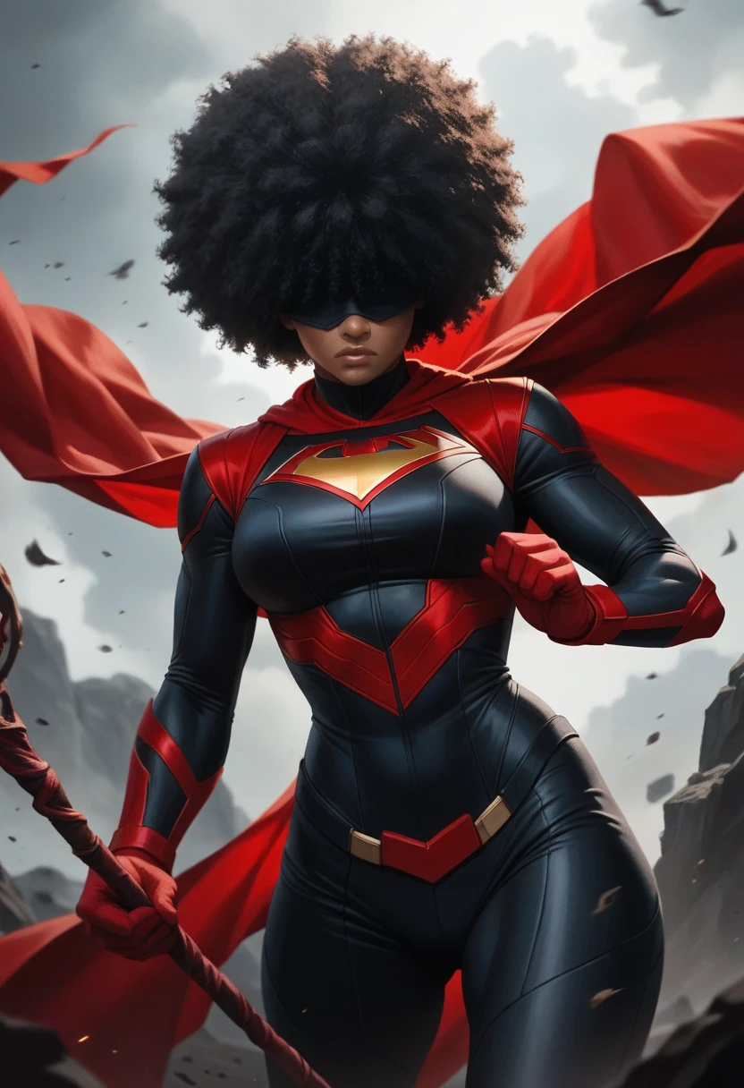 Animated, action, anime black girl, comic, large dark red afro, black cloth covering eyes, red superhero suit, curvy body, holding black bo staff, serious