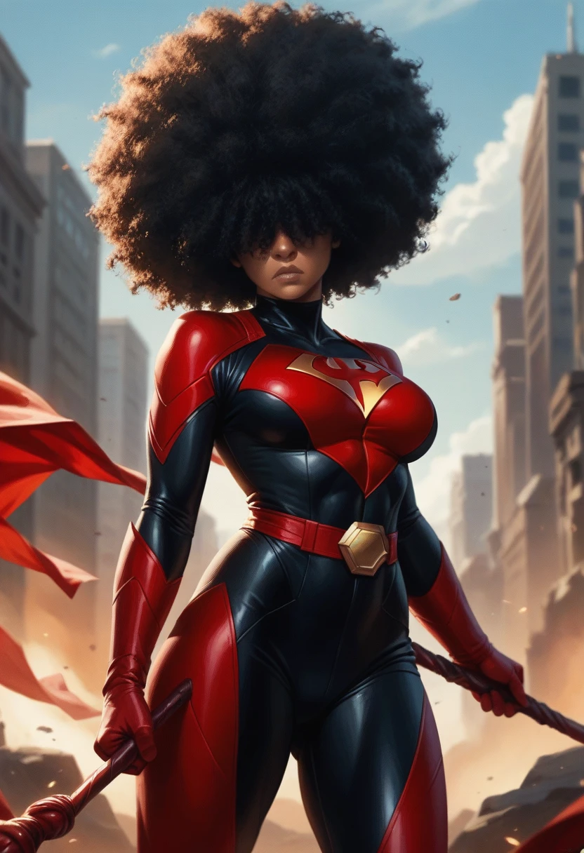 Animated, action, anime black girl, comic, large dark red afro, black cloth covering eyes, red superhero suit, curvy body, holding black bo staff, serious