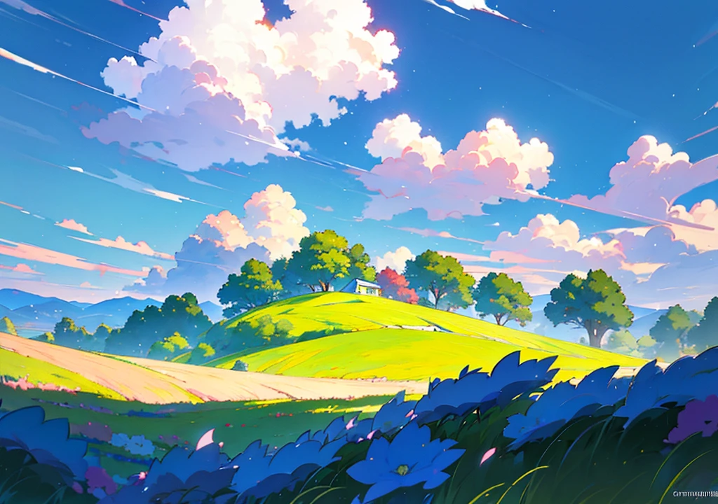 Anime landscape of a field with flowers and airplanes in the sky, beautifull puffy clouds. Anime, anime clouds, anime countryside landscape, Anime landscapes, by Ross Tran. scenic background, detailed scenery —width 672, rhads and lois van baarle, style of makoto shinkai, studio glibly makoto shinkai