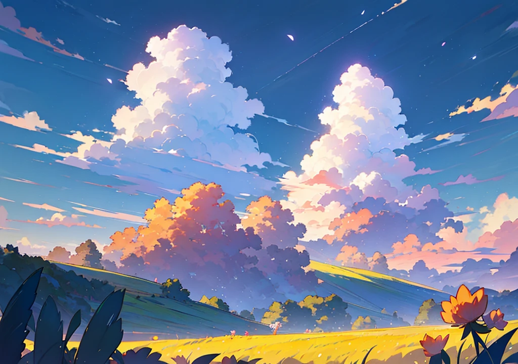 Anime landscape of a field with flowers and airplanes in the sky, beautifull puffy clouds. Anime, anime clouds, anime countryside landscape, Anime landscapes, by Ross Tran. scenic background, detailed scenery —width 672, rhads and lois van baarle, style of makoto shinkai, studio glibly makoto shinkai