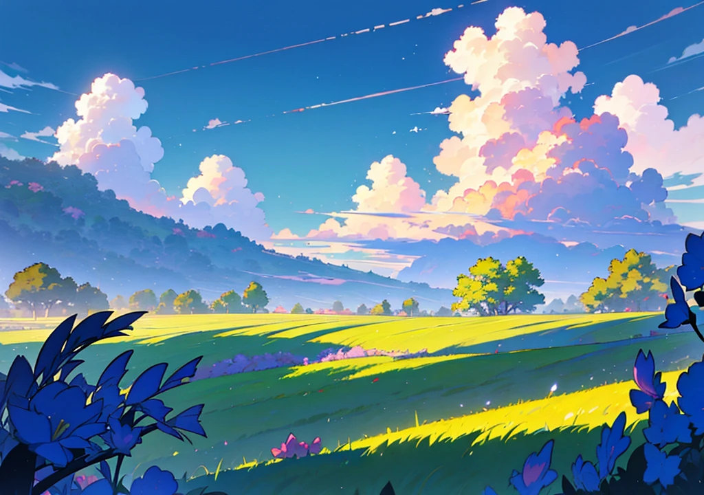Anime landscape of a field with flowers and airplanes in the sky, beautifull puffy clouds. Anime, anime clouds, anime countryside landscape, Anime landscapes, by Ross Tran. scenic background, detailed scenery —width 672, rhads and lois van baarle, style of makoto shinkai, studio glibly makoto shinkai
