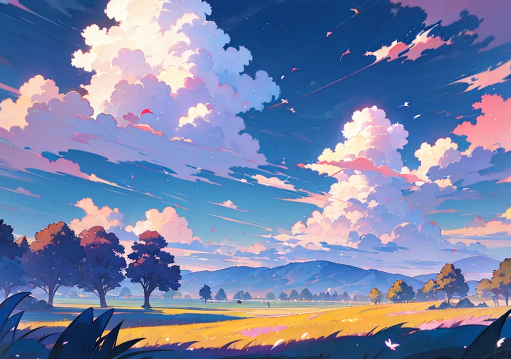 Anime landscape of a field with flowers and airplanes in the sky, beautifull puffy clouds. Anime, anime clouds, anime countryside landscape, Anime landscapes, by Ross Tran. scenic background, detailed scenery —width 672, rhads and lois van baarle, style of makoto shinkai, studio glibly makoto shinkai