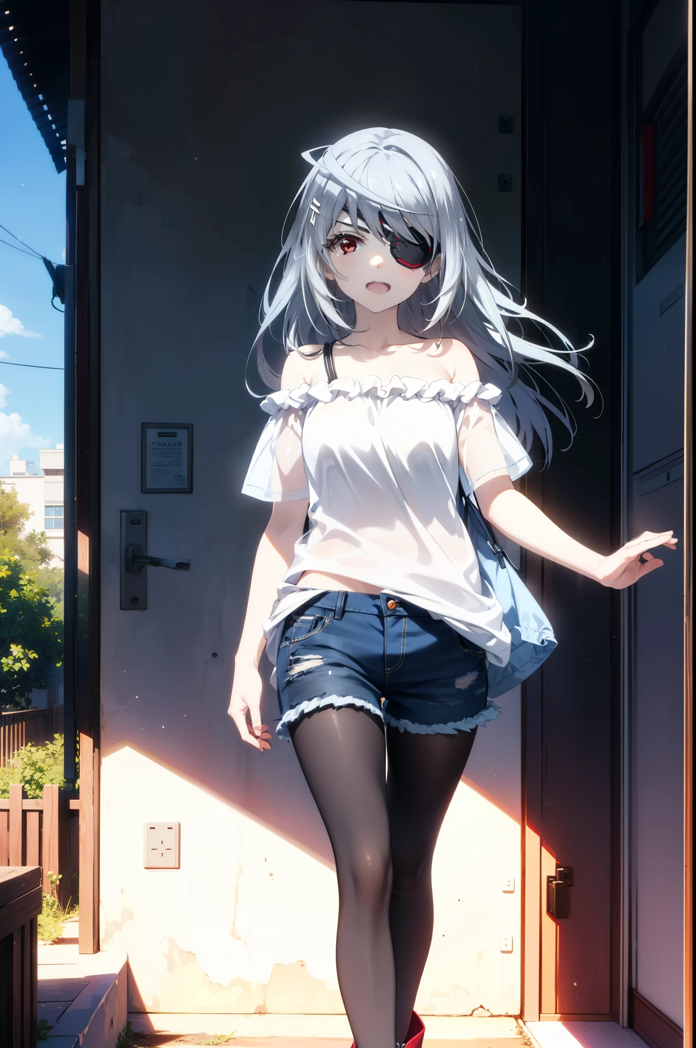 Laurabodewig, Laura Bodewig, Long Hair, (Red eyes:1.3), Grey Hair, Eye patch,smile,tooth,Open your mouth,Oversized one-shoulder shirt,Short sleeve,Shorts,Black pantyhose short boots,Walking,Daytime,Clear skies,whole bodyがイラストに入るように,
break outdoors, Building district,
break looking at viewer, whole body,
break (masterpiece:1.2), Highest quality, High resolution, unity 8k wallpaper, (figure:0.8), (Beautiful attention to detail:1.6), Highly detailed face, Perfect lighting, Highly detailed CG, (Perfect hands, Perfect Anatomy),