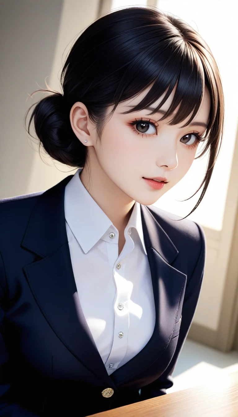 8k, Ultra-high resolution, Highest quality, masterpiece, 三分割法によるphotograph,Surreal, photograph, 1 girl, (16 years old:1.3), pretty girl, Cute Face, Beautiful eyes in every detail, 細かくdetailedに,masterpiece,One Girl:1.2, Japan Female Announcer,Tabletop,Glare,Black Hair,Slicked back hair,Blazer Uniform,White collared blouse,The chest buttons are open,Sharp focus、Perfect dynamic composition、Beautiful and detailed、Thin Hair、Realistic skin texture with attention to detail、smile、Close-up portrait、Model body type,Looking at the audience、beauty,Long neck、(((Ideal body type))),A-cup small breasts :2,、Portraiture:2、Perfect Anatomy、なdetailed、detailed、Surreal、Light and shadow,Strong light