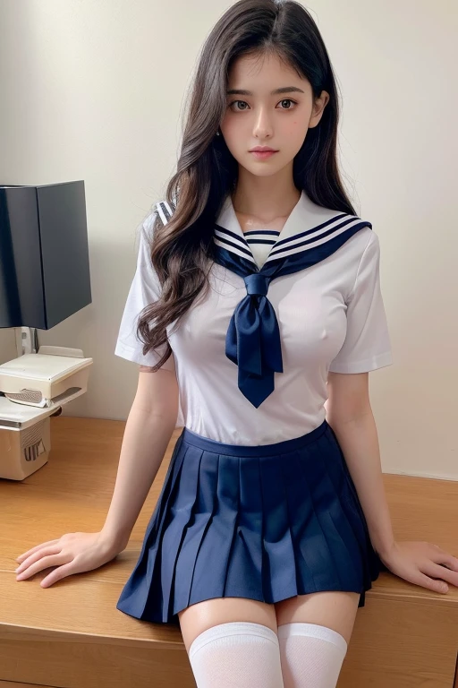 Highest quality,Ultra-detailed,masterpiece,Realistic,Photo realistic,Bright lighting,One Girl, Very beautiful 17 year old girl, (cute:1.2),A faint smile, (Brown eyes),(Black Hair),(Bans),Perfect glowing skin,Perfect Skin,((erotic,Sexy and sexually explicit)),((Accurate needles without discomfort)), Big ample breasts,Big breasts and small waist, Look at the viewers,((Sailor suit)),((Short sleeve uniform white shirt)),(Red tie),((Blue mini pleated skirt)), socks, (Black knee socks),(Loafer shoes), Daytime,
