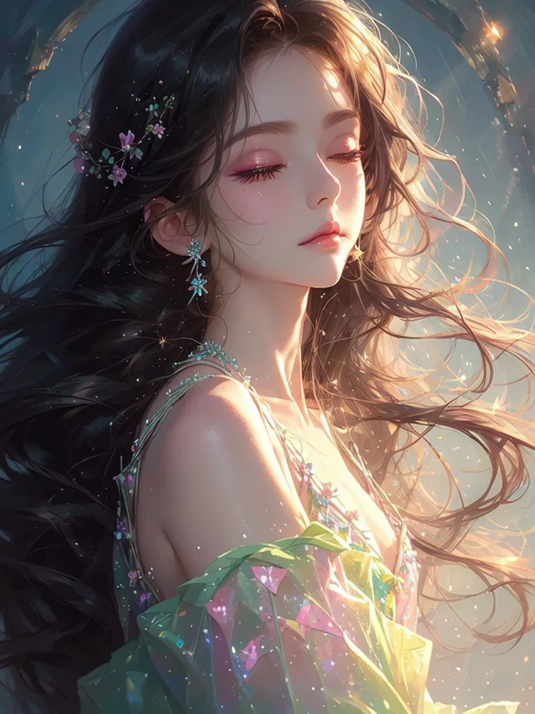 High quality, high resolution, close-up of a beautiful girl with long pink and blue hair, eyes closed, fantasy flower field, moonlit night, black dress, fantasy art, Korean glitter eye makeup, very delicate makeup, sparkling flowing hair