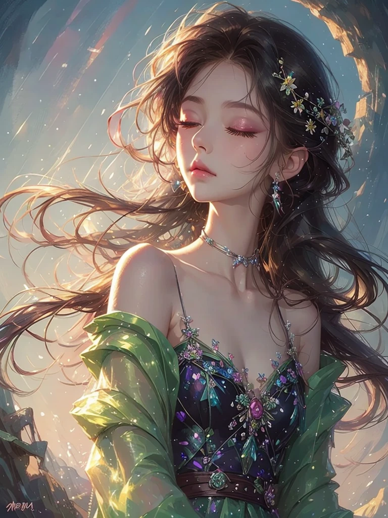 High quality, high resolution, close-up of a beautiful girl with long pink and blue hair, eyes closed, fantasy flower field, moonlit night, black dress, fantasy art, Korean glitter eye makeup, very delicate makeup, sparkling flowing hair