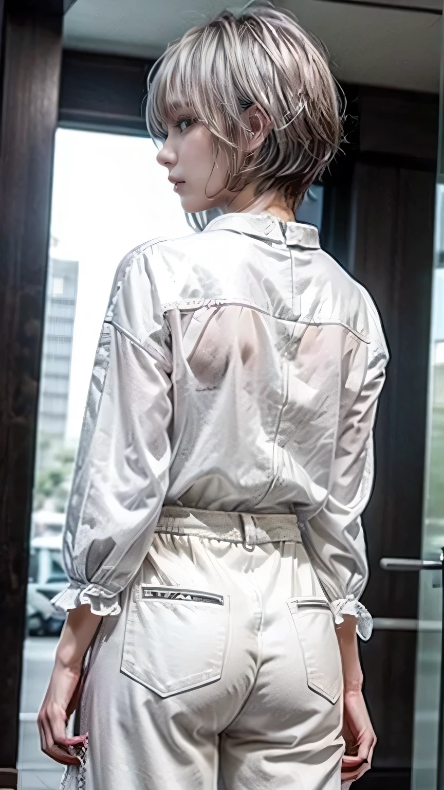 (Realistic、Like a photograph、Live Action、8k, Realistic, RAW Photos, Best image quality: 1.4), Single-lens reflex camera、RAW Photos, Highest quality, Realistic, Highly detailed CG Unity 8k wallpaper, Written boundary depth, Cinematic Light, Lens flare, Ray Tracing, Realistic background、A landmine girl waiting for someone、((Wearing a white blouse:1.4)、((Wear wide leg pants:1.1、p-line)、Small breasts)、Cute ass)、((ultra high density skin))、 1 female,cute Japanese、Standing in front of the station, waiting for someone while looking at his smartphone、The whole body is visible:1.5、Wearing sneakers:1.1、((Silver Hair:1.5)、short hair:1.2、My hair flutters in the wind)、stylish ambiance、Very detailed and perfect costume、(White skin)、Precise and beautiful legs:1.1、View from behind、Super detailed face