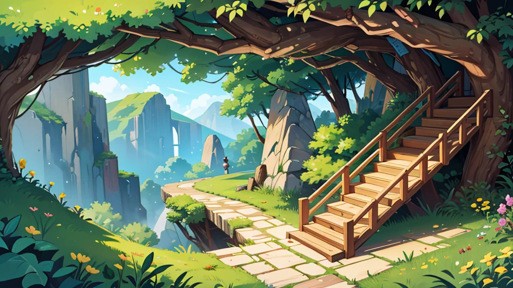 create a very long wooden stair case build a long a cliff leading down into a quarry