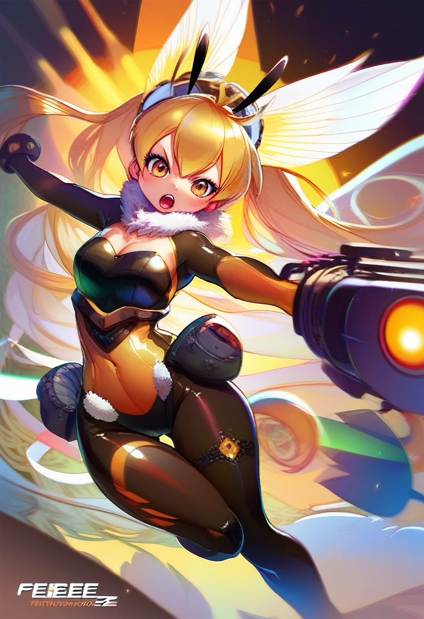 a beautiful (((kemono bee))) goddess with long blonde hair, wearing stylish high-tech armor in shades of yellow and black, a detailed bodysuit, (((firing machine guns))), joyful expression, intricate futuristic background, hourglass body, dynamic composition, cinematic lighting, vibrant colors, highly detailed, 8k, concept art style
