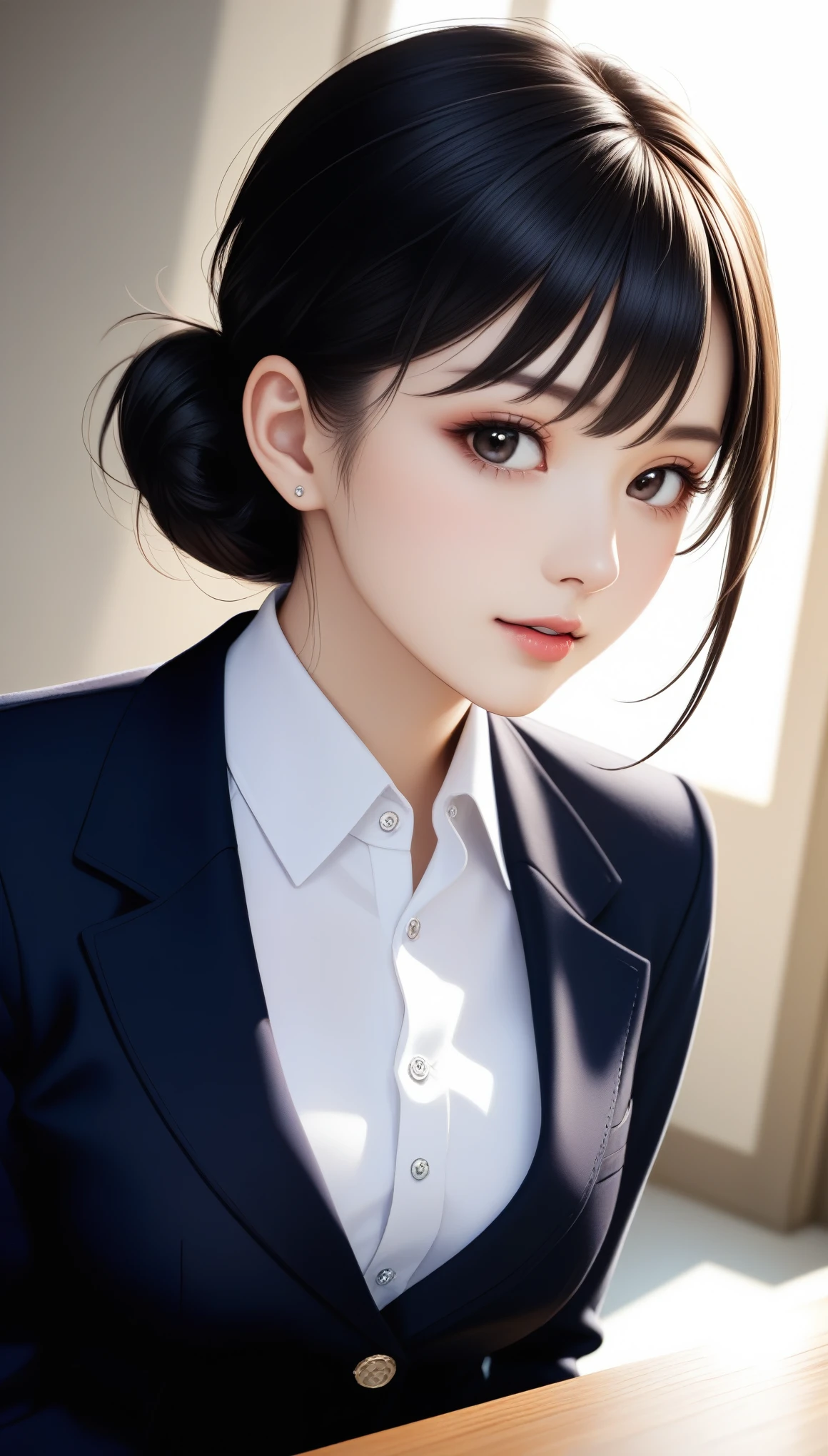8k, Ultra-high resolution, Highest quality, masterpiece, 三分割法によるphotograph,Surreal, photograph, 1 girl, (16 years old:1.3), pretty girl, Cute Face, Beautiful eyes in every detail, 細かくdetailedに,masterpiece,One Girl:1.2, Japan Female Announcer,Tabletop,Glare,Black Hair,Slicked back hair,Blazer Uniform,White collared blouse,The chest buttons are open,Sharp focus、Perfect dynamic composition、Beautiful and detailed、Thin Hair、Realistic skin texture with attention to detail、smile、Close-up portrait、Model body type,Looking at the audience、beauty,Long neck、(((Ideal body type))),A-cup small breasts :2,、Portraiture:2、Perfect Anatomy、なdetailed、detailed、Surreal、Light and shadow,Strong light