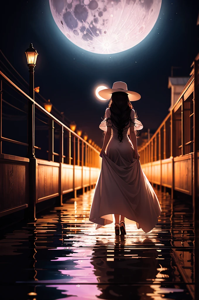 arafed woman in a long dress and hat walking on a pier at night, digital art by Cyril Rolando, pixabay contest winner, digital art, walking towards the full moon, beautiful and mysterious, standing in moonlight, walking in the moon, in the moonlight, the moon behind her, moon goddess, stunning moonlight and shadows, fantasy photography