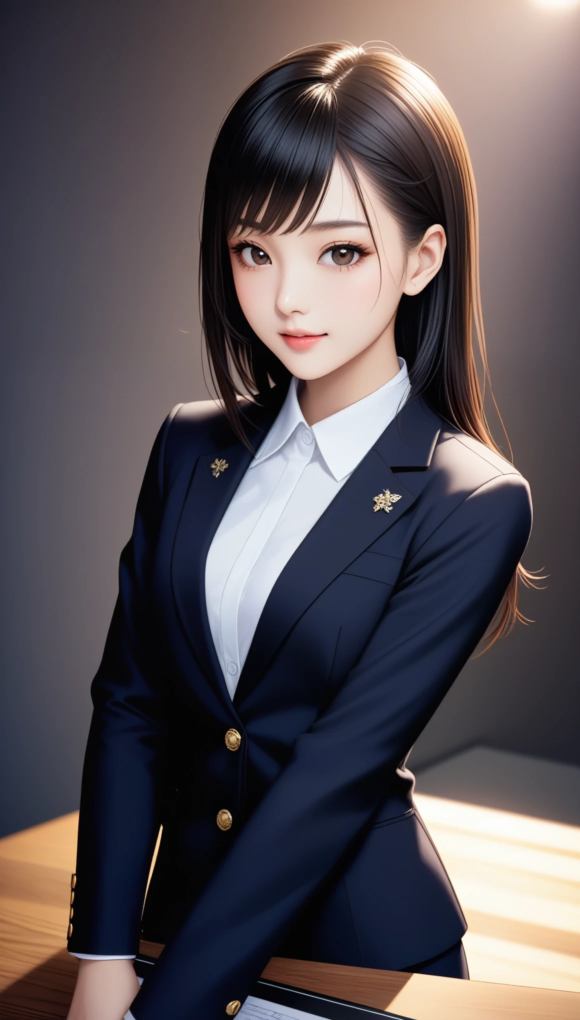 8k, Ultra-high resolution, Highest quality, masterpiece, 三分割法によるphotograph,Surreal, photograph, 1 girl, (:1.3), pretty girl, Cute Face, Beautiful eyes in every detail, 細かくdetailedに,masterpiece,One Girl:1.2, Japan Female Announcer,Tabletop,Glare,Black Hair,Slicked back hair,Blazer Uniform,White collared blouse,The chest buttons are open,Sharp focus、Perfect dynamic composition、Beautiful and detailed、Thin Hair、Realistic skin texture with attention to detail、smile、Close-up portrait、Model body type,Looking at the audience、beauty,Long neck、(((Ideal body type))),A-cup small breasts :2,、Portraiture:2、Perfect Anatomy、なdetailed、detailed、Surreal、Light and shadow,Strong light