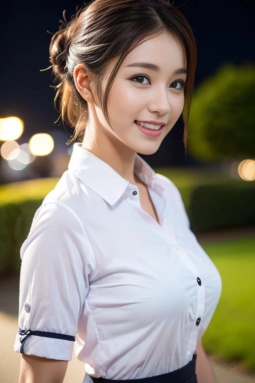 (a gorgeous lady, age 22, Formal OFFICE ATTIRE, WHITE SHIRT with BUTTONS, GREY PENCIL SKIRT, walking naturally under night sky, dimpled cheeks, kind smile, short ponytail, short bob hair, hair updo, cute snaggleteeth, ample round bosom, photorealistic, beautiful detailed face, beautiful detailed eyes, hyper-realism, high contrast, ultra HD, realistic skin textures, top image quality, top-quality, super high resolution, fine details, very meticulously, bokeh background, SFW)