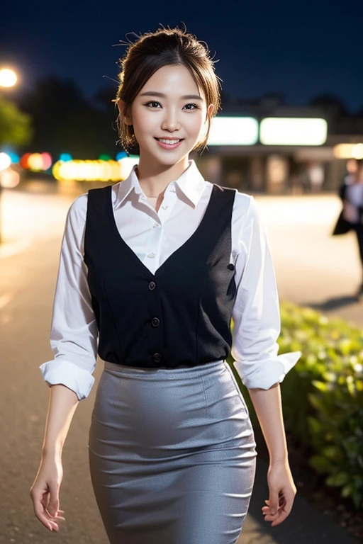 (a gorgeous lady, age 22, Formal OFFICE ATTIRE, WHITE SHIRT with BUTTONS, GREY PENCIL SKIRT, walking naturally under night sky, dimpled cheeks, kind smile, short ponytail, short bob hair, hair updo, cute snaggleteeth, ample round bosom, photorealistic, beautiful detailed face, beautiful detailed eyes, hyper-realism, high contrast, ultra HD, realistic skin textures, top image quality, top-quality, super high resolution, fine details, very meticulously, bokeh background, SFW)
