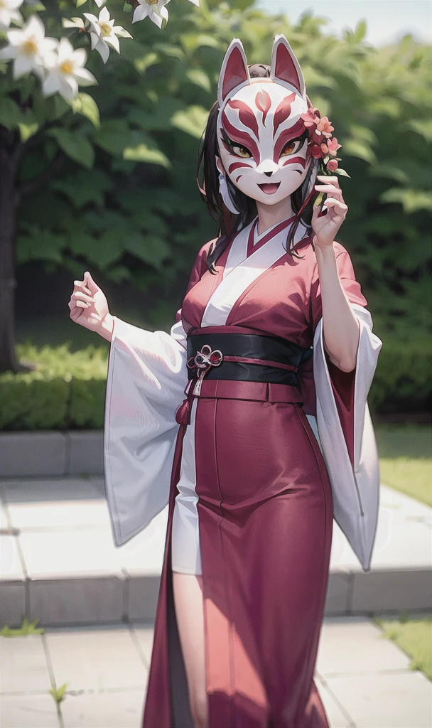 (Fox mask A person wearing a fox mask on their face), Light brown hair,Braiding,Wearing a white kimono decorated with cherry blossoms, (White mini skirt),beautiful flower々In the garden where flowers bloom, Long Hair, Dancing 