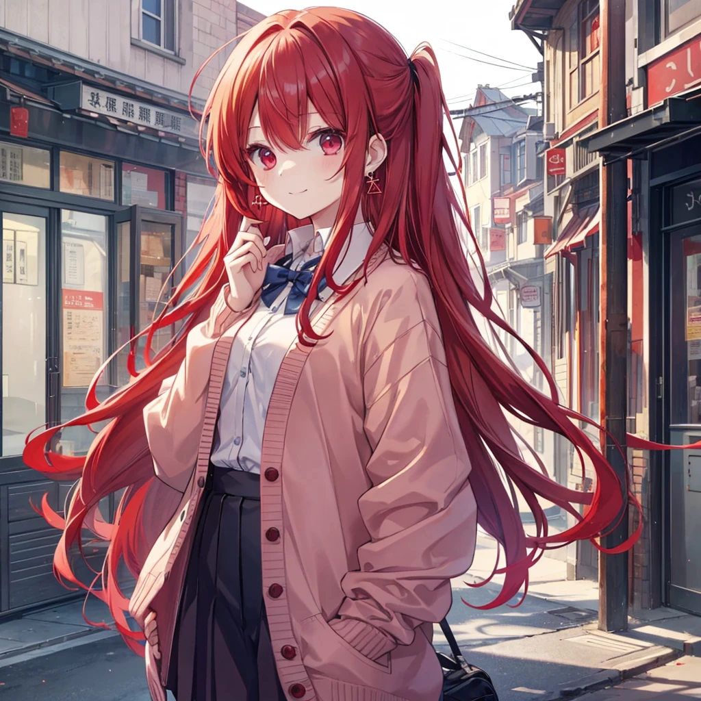red hair red eyes、 girl、small breasts、long hair、smile、gal girl、wearing cute earrings、uniform、knit cardigan、With highlights around the eyes、cute hairpin、I can see the whole body、Going to school in the morning、In town