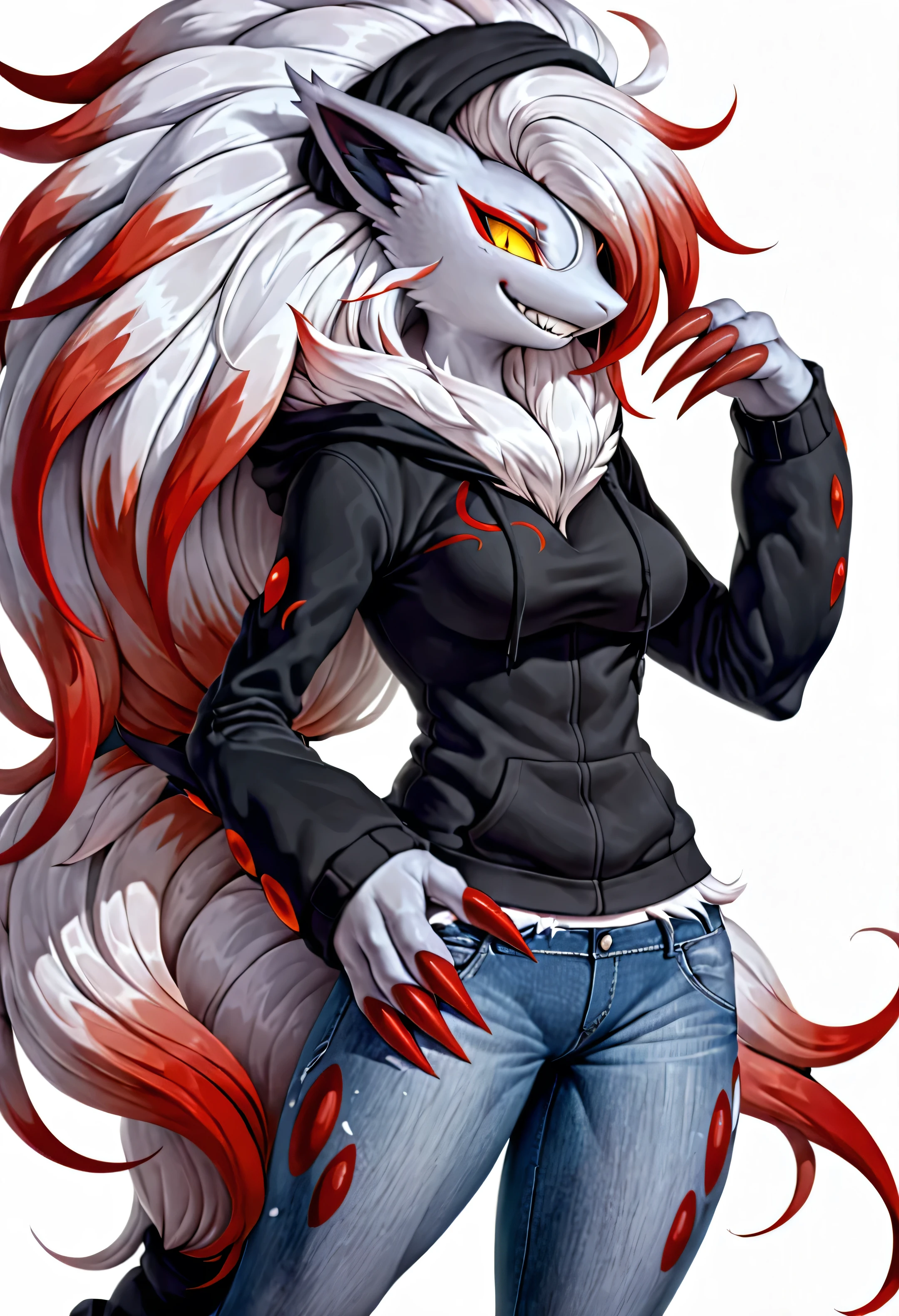 White Background, Anthro, Furry, Hisuian Zoroark, Jeans, Black Hoodie, Fur, White long fur Hair, Red Details, Sharp eyes, Yellow eyes, big Grin, Extremely detailed arms, Extremely detailed legs, Extremely detailed, 