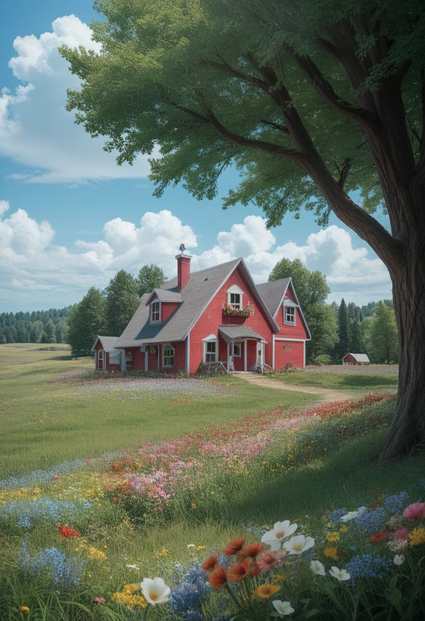 (best qualityer,4K,high resolution,work of art:1.2),detailed fox ears, multicolored flowers, field with beautiful trees, maximum detail, small town, in house, Beautiful cloud, shy smile.very big chest