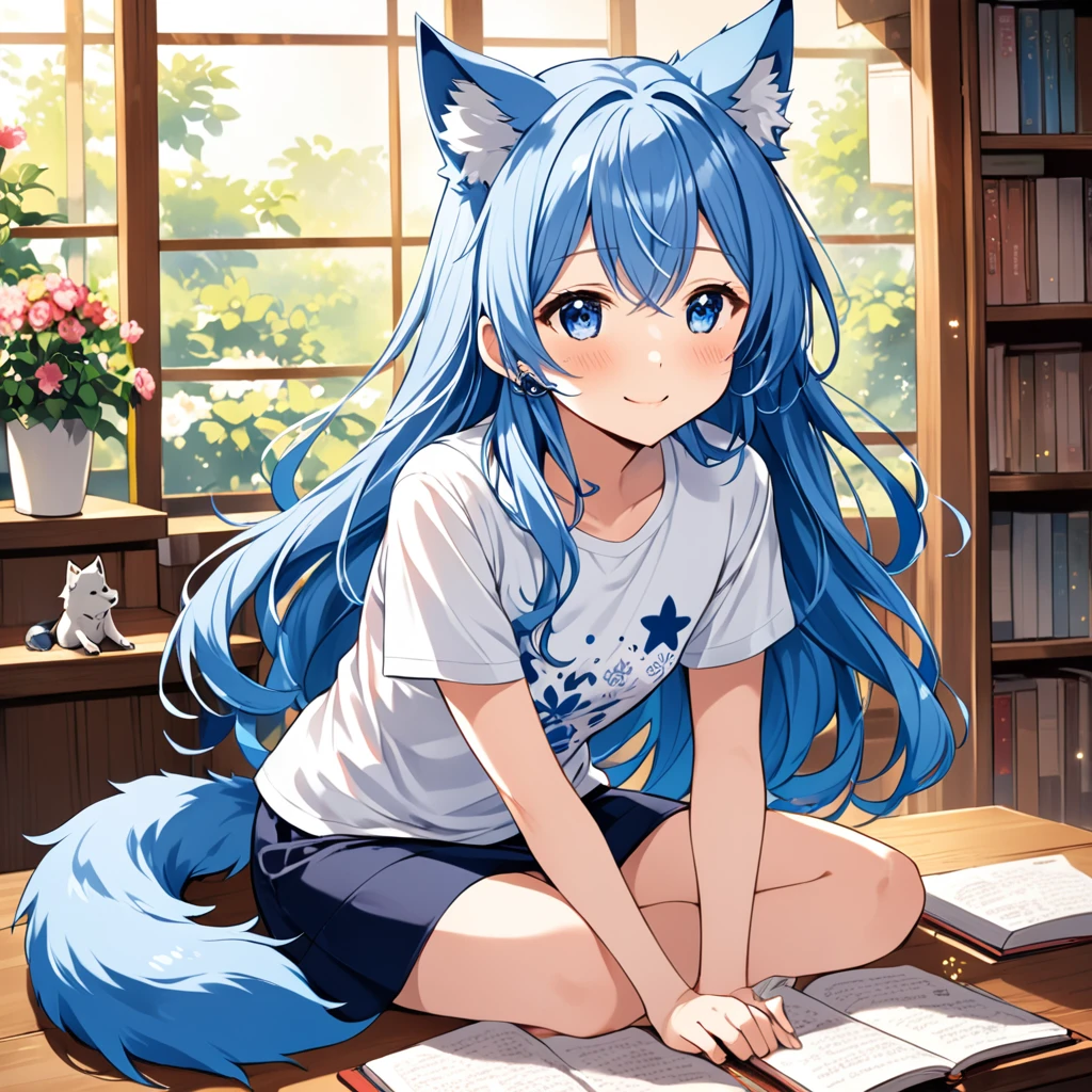 A Japanese demi-human journalist (pre-teen) with navy blue hair, long and a little wavy, falling gracefully from the shoulders.
Big and clear, always glowing with curiosity and enthusiasm.
clear and smooth, with a lightness that highlights its semi-human nature.
wolf's ears, covered in soft blue fur, positioned on top of the head, giving a lovely and distinctive appearance.
A blue wolf tail that wags happily, reflecting your emotions.
A white micro t-shirt with a turtleneck, equipped and with a beautiful design that matches its age.
A low-waisted pencil skirt, decorated with small stars or flower designs for a special touch .
Slender and exposed, but in an appropriate and innocent way, destacando sua figura esbelta.
Small heart-shaped earrings, adding a charm .
Making a heart with your hands in a cute way, sitting on something invisible.
Always with a radiant smile or an expression of curiosity, ready to discover new stories.