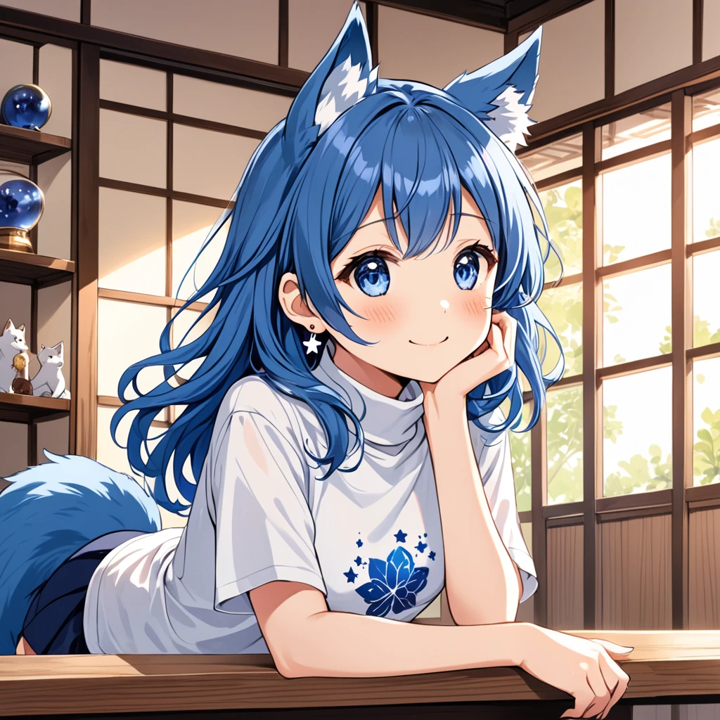 A Japanese demi-human journalist (pre-teen) with navy blue hair, long and a little wavy, falling gracefully from the shoulders.
Big and clear, always glowing with curiosity and enthusiasm.
clear and smooth, with a lightness that highlights its semi-human nature.
wolf's ears, covered in soft blue fur, positioned on top of the head, giving a lovely and distinctive appearance.
A blue wolf tail that wags happily, reflecting your emotions.
A white micro t-shirt with a turtleneck, equipped and with a beautiful design that matches its age.
A low-waisted pencil skirt, decorated with small stars or flower designs for a special touch .
Slender and exposed, but in an appropriate and innocent way, destacando sua figura esbelta.
Small heart-shaped earrings, adding a charm .
Making a heart with your hands in a cute way, sitting on something invisible.
Always with a radiant smile or an expression of curiosity, ready to discover new stories.