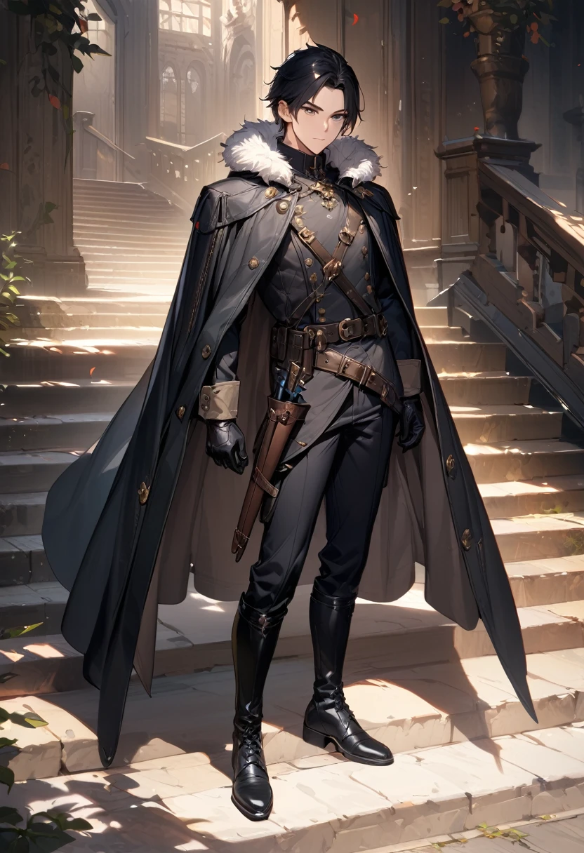 (masterpiece),(best quality),(ultra-detailed),(best illustration),(best shadow),(absurdres),(detailed background),(very aesthetic), ((1Male)), solo, male-focus, boots, black-hair, fur-trim, looking-at-viewer, standing, sheath, gloves, full-body, pants, jacket-on-shoulders, sheathed, black-footwear, belt, black-pants, black-gloves, jacket, cape, closed-mouth, knife, coat-on-shoulders, coat, stairs, cup, thigh-boots, black-cape, dagger, leather, black-eyes, holster, long-sleeves, indoors, short-hair, thigh-strap, cross-laced-footwear, scabbard, ((no-bangs))