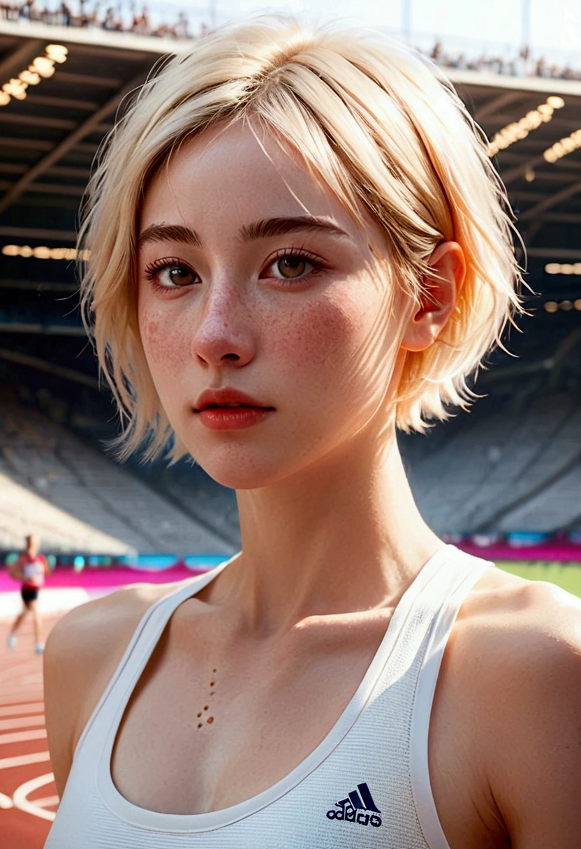 Paris Olympic Athletics Stadium, ((Masterpiece, Top Quality, High Resolution, Very Detailed)), (1 woman in her early 20s with beautiful features_very few freckles on the bridge of her nose, very hot and sexy, perfect proportions, beautiful body, slim body beauty:1.3), Olympics, Athletics Stadium, Female athlete running long distance, sports photo, (slightly sweaty bangs:1.3, exhausted, shiny pale skin, blonde very short hair_detailed:1.2), wearing tight white athletics suit_realistic details:1.2, 8k, high resolution, top quality,