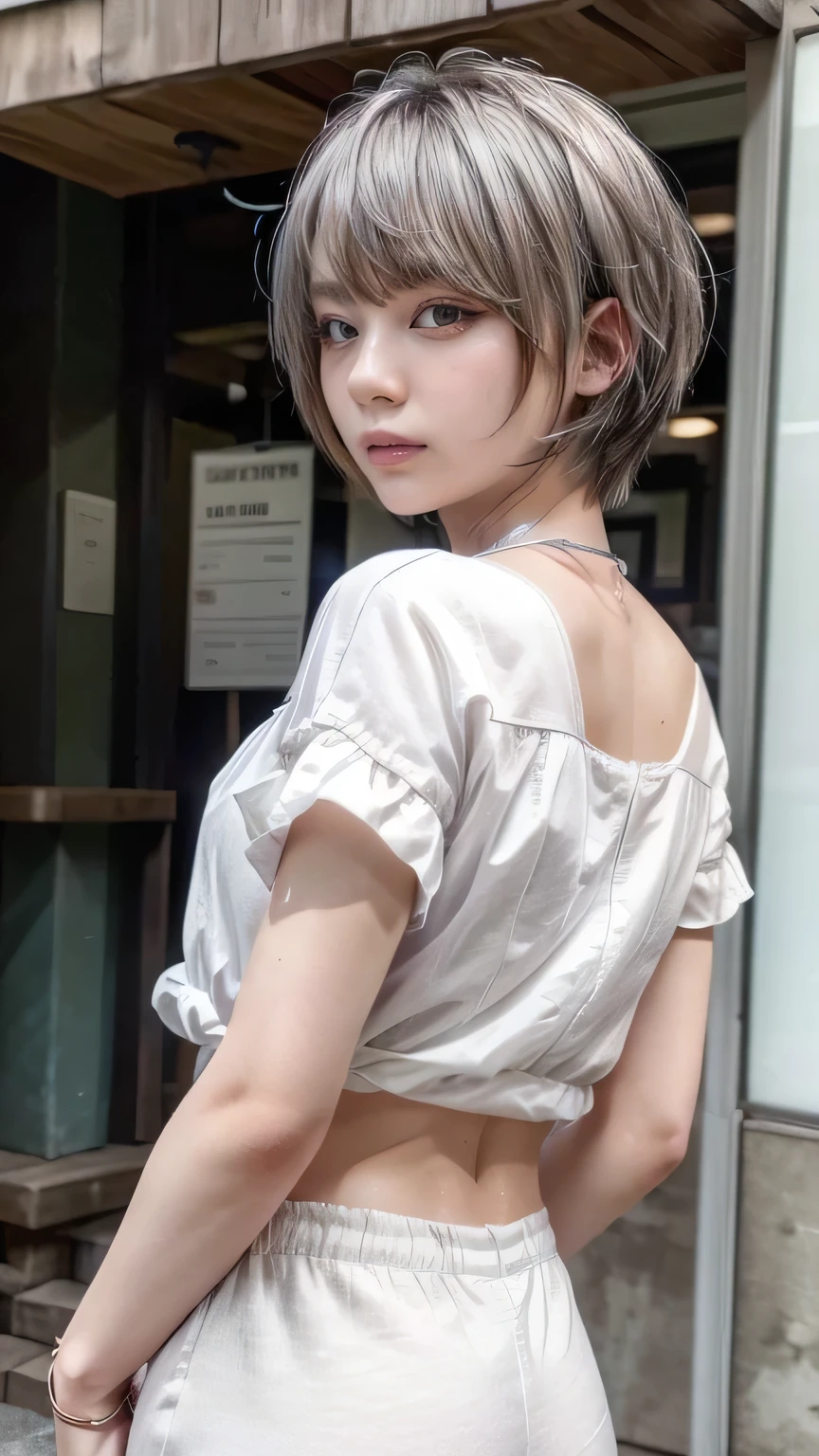 (Realistic、Like a photograph、Live Action、8k, Realistic, RAW Photos, Best image quality: 1.4), Single-lens reflex camera、RAW Photos, Highest quality, Realistic, Highly detailed CG Unity 8k wallpaper, Written boundary depth, Cinematic Light, Lens flare, Ray Tracing, Realistic background、A landmine girl waiting for someone、((Wearing a white blouse:1.4)、((Wear wide leg pants:1.1、(p-line、The panty line is sheer))、Small breasts)、Cute ass)、((ultra high density skin))、 1 female,cute Japanese、Standing in front of the station, waiting for someone while looking at his smartphone、The whole body is visible:1.5、Wearing sneakers:1.1、((Silver Hair:1.5)、short hair:1.2、My hair flutters in the wind)、stylish ambiance、Very detailed and perfect costume、(White skin)、Precise and beautiful legs:1.1、View from behind、Super detailed face