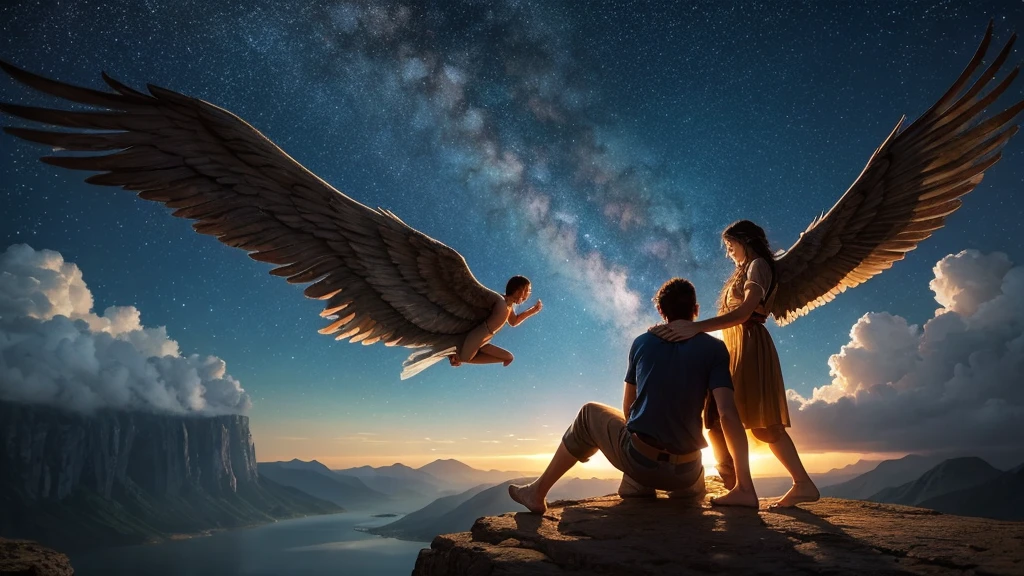 Create a detailed image that captures the essence of Jacob's biblical story, a fundamental character in the Bible. At the center, depict Jacob wrestling with an angel in a nighttime scene, symbolizing his spiritual struggle and transformation. Jacob should have an expression of determination and intensity as he grapples with the angel. In the background, show a starry sky and the Jabbok River, creating a dramatic setting. On the right side, include a depiction of Jacob's emotional reunion with his brother Esau, with both embracing in a gesture of reconciliation. At the bottom, represent the scene of Jacob dreaming of a ladder reaching to heaven, with angels ascending and descending, symbolizing the divine connection and God's promise to Jacob. The image should convey a sense of spirituality, transformation, and redemption. Use rich and contrasting colors to emphasize the drama and emotional depth of the story.