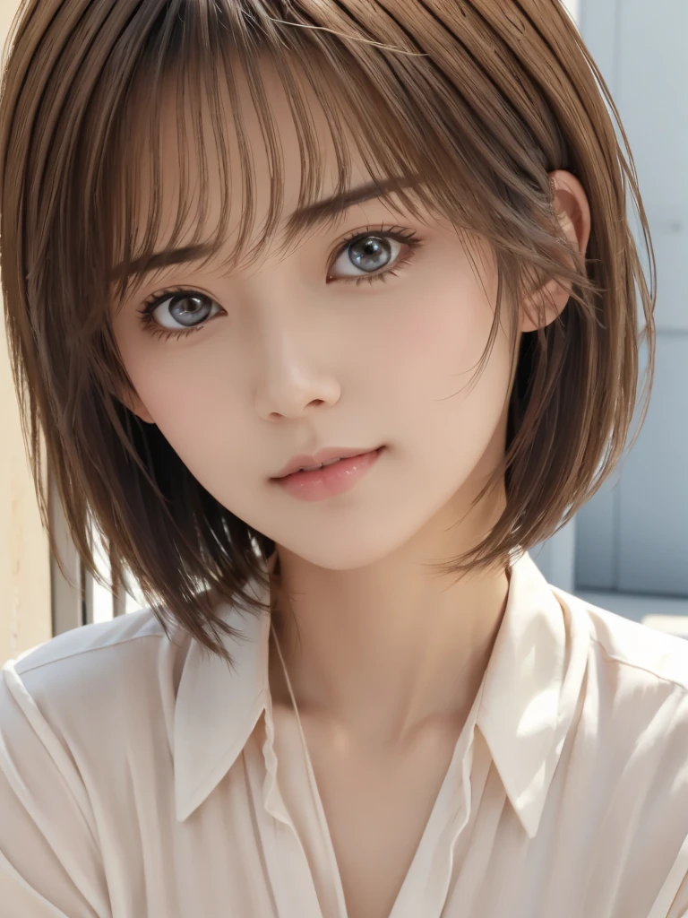 Photorealistic、Highest quality、High resolution、RAW Photos、Realistic、Bright lighting、Face Light、Smooth Professional Lighting、alone、Japanese women、Adult female、Mature Woman、Beautiful woman、so beautiful、Realistic skin、Realistic face、Beautiful Eyes、Big eyes、Brown eyes、Inconspicuous tear bags、slim、Medium sized big breasts、short hair、Brunette Hair、looking at the camera、fun、Happy、White shirt