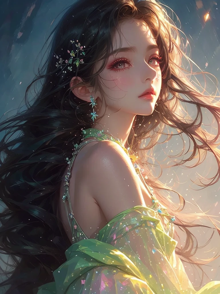 High quality, high resolution, one beautiful girl, close-up of long pink and blue hair, turning around, fantastic flower field, moonlit night, black dress, fantasy art, Korean glitter eye makeup, very delicate makeup, sparkling flowing hair