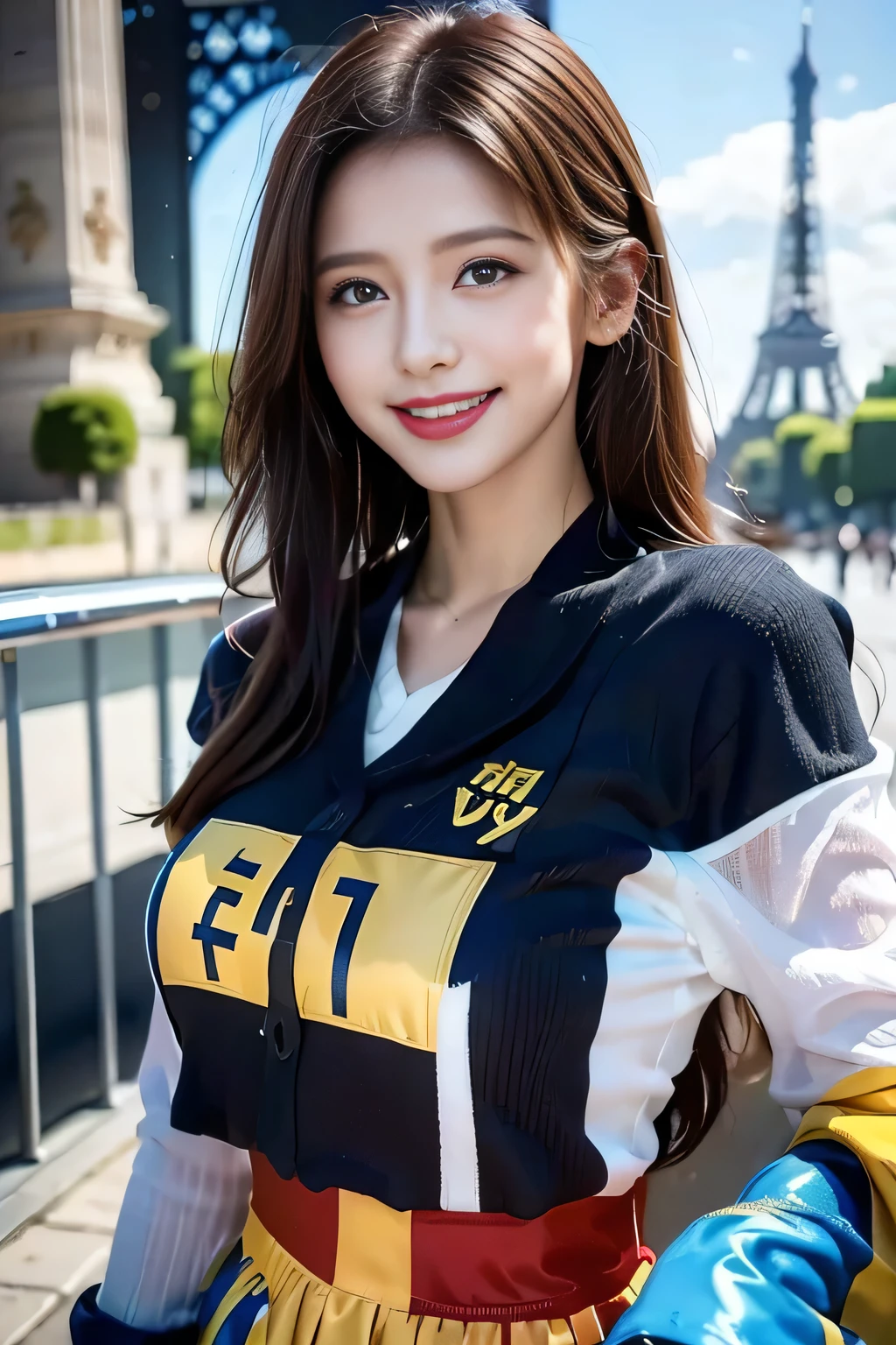 (((Costume inspired by the Ukrainian flag:1.3))),(),(((smile:1.3))),(((Women supporting the Paris Olympics:1.3))),(((International flags on the streets of Paris))),(((Eiffel Tower in the background))),(((The Seine in the background))),masterpiece,Highest quality,Ultra-high resolution output images,Write Boundary Depth,Intricate details,Add depth to your subject with contrast between light and shadow,Anatomically correct facial structure),(Picture Mode Ultra HD,)