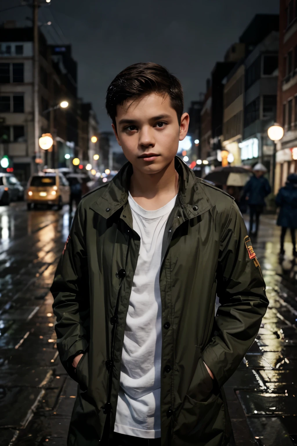 1boy wears a scout uniform night city,rain,coat,hands in pockets