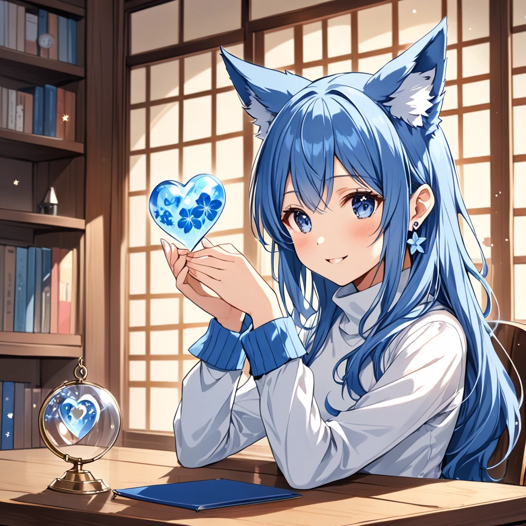 A Japanese demi-human journalist () with navy blue hair, long and a little wavy, falling gracefully from the shoulders.
Big and clear, always glowing with curiosity and enthusiasm.
clear and smooth, with a lightness that highlights its semi-human nature.
wolf's ears, covered in soft blue fur, positioned on top of the head, giving a lovely and distinctive appearance.
A blue wolf tail that wags happily, reflecting your emotions.
 A white micro t-shirt with a turtleneck, equipped and with a beautiful design that matches its age.
  A low-waisted pencil skirt, decorated with small stars or flower designs for a special touch .
 Slender and exposed, but in an appropriate and innocent way, destacando sua figura esbelta.
 Small heart-shaped earrings, adding a charm .

Making a heart with your hands in a cute way, sitting in a chair.
Always with a radiant smile or an expression of curiosity, ready to discover new stories.