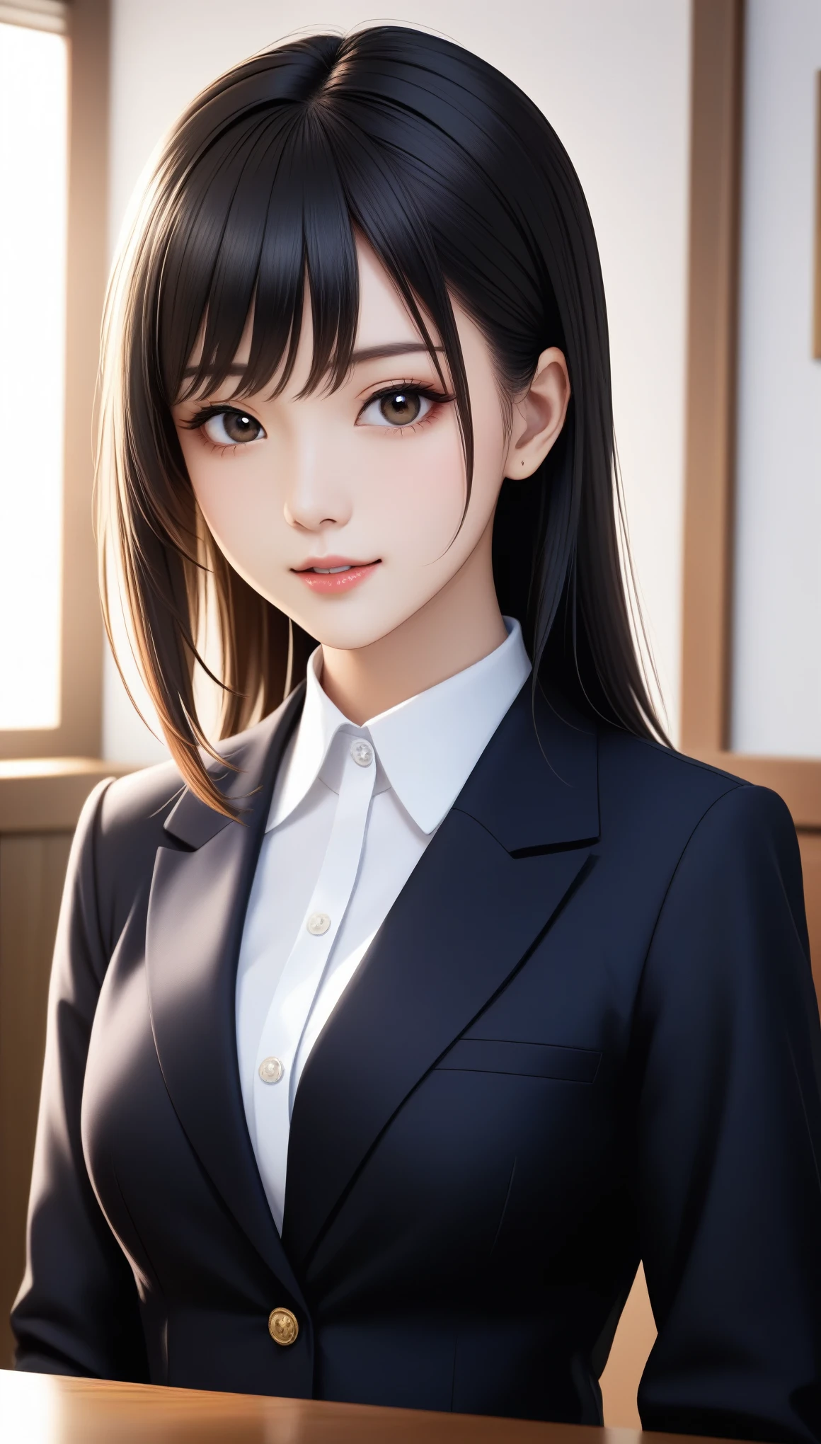 8k, Ultra-high resolution, Highest quality, masterpiece, 三分割法によるphotograph,Surreal, photograph, 1 girl, (16 years old:1.3), pretty girl, Cute Face, Beautiful eyes in every detail, 細かくdetailedに,masterpiece,One Girl:1.2, Japan Female Announcer,Tabletop,Glare,Black Hair,Slicked back hair,Blazer Uniform,White collared blouse,The chest buttons are open,Sharp focus、Perfect dynamic composition、Beautiful and detailed、Thin Hair、Realistic skin texture with attention to detail、smile、Close-up portrait、Model body type,Looking at the audience、beauty,Long neck、(((Ideal body type))),A-cup small breasts :2,、Portraiture:2、Perfect Anatomy、なdetailed、detailed、Surreal、Light and shadow,Strong light