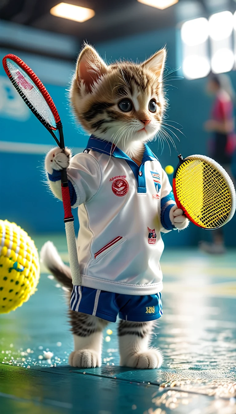 ((8k)), highest quality, 超High resolution, (High resolution), A kitten is wearing badminton wear, Playing badminton, Indoor gymnasium, Loud cheers from the audience