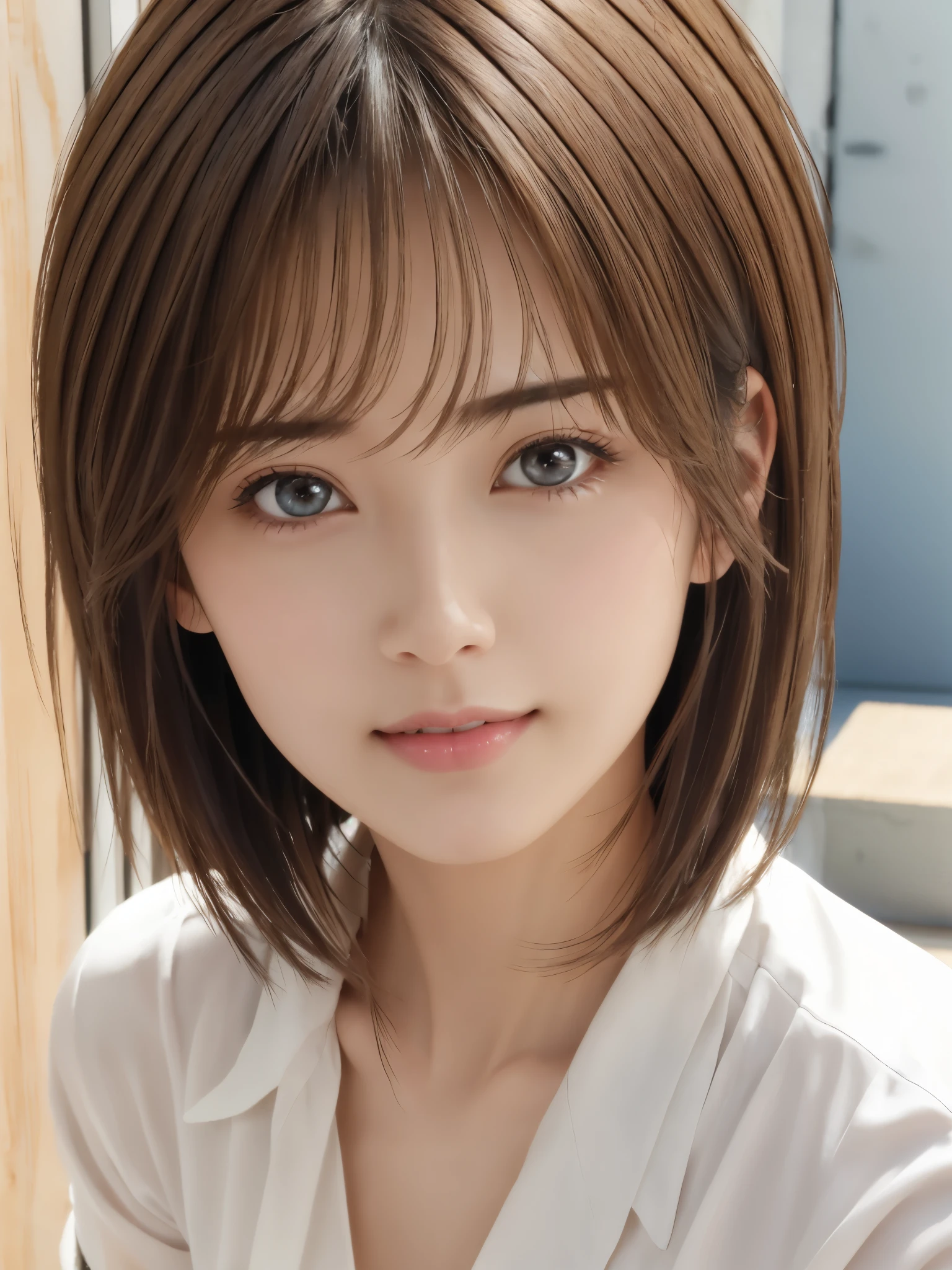Photorealistic、Highest quality、High resolution、RAW Photos、Realistic、Bright lighting、Face Light、Smooth Professional Lighting、alone、Japanese women、Adult female、Mature Woman、Beautiful woman、so beautiful、Realistic skin、Realistic face、Beautiful Eyes、Big eyes、Brown eyes、Inconspicuous tear bags、slim、Medium sized big breasts、short hair、Brunette Hair、looking at the camera、fun、Happy、White shirt
